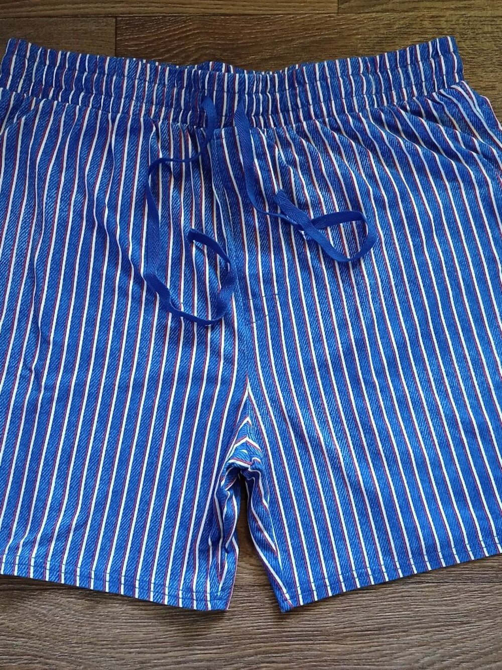 ANDE Men's Size Large Sleep Shorts Blue Red White Vertical Striped Pajama Bottom